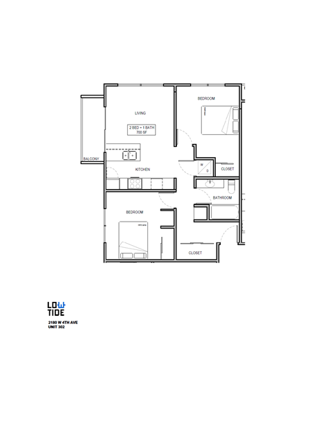 Floor plan for 2 beds, 1 bath, 700 sqft
